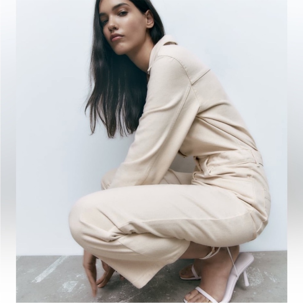 Zara Mica Denim Jumpsuit Long Sleeve Full Length White Size S